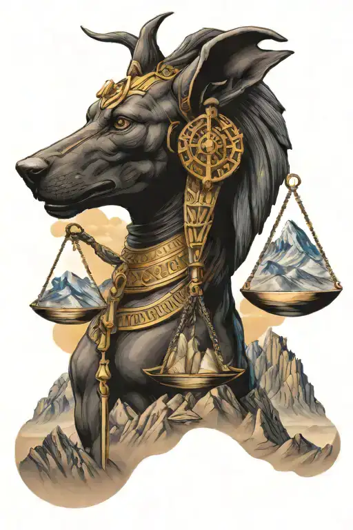 Anubis holding a scale with mountains panorama tattoo design idea
