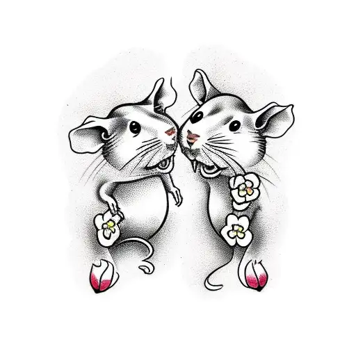 two rats, one smaller than the other with flowers no shading no color tattoo design idea