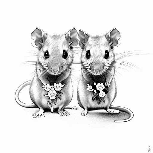 two rats, one smaller than the other with flowers no shading no color tattoo design idea