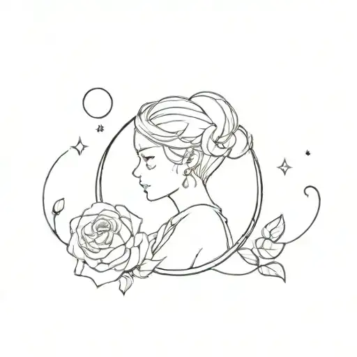 An artistic minimalist tattoo design of a character from the anime 'Solo Leveling' with a subtle background of roses and moon phases tattoo design idea
