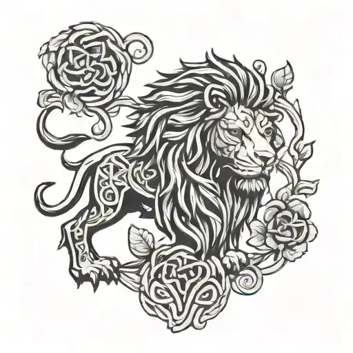 Celtic lion with flowers intertwined tattoo design idea