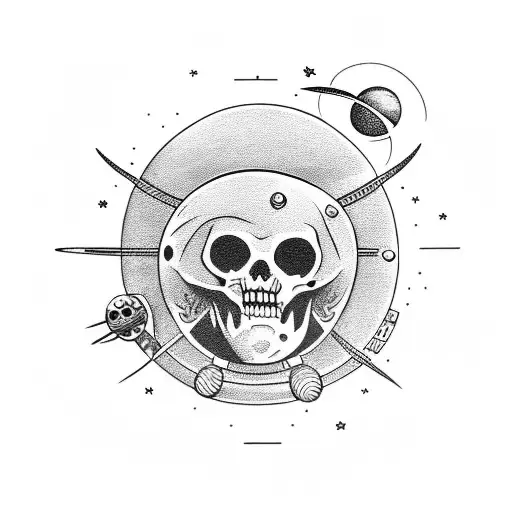 Dead astronaut with planets on dark background d tattoo design idea