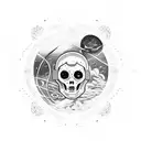 Dead astronaut on black galactic background tattoo design idea