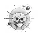 Dead astronaut with planets on dark background d tattoo design idea