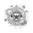 Dead astronaut with planets on dark background d tattoo design idea