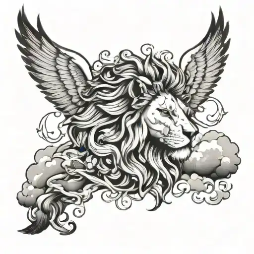 Greek god , lion with scar on face , clouds , doves, Roman numerals  tattoo design idea