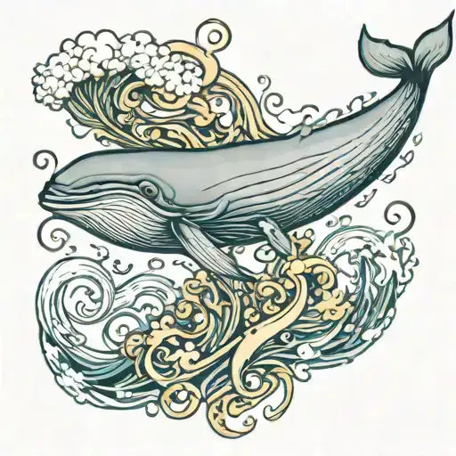 A dynamic composition of a whale diving deep into the ocean depths, surrounded by swirling waves and a harpoon floating nearby, capturing the thrill and danger of whaling tattoo design idea