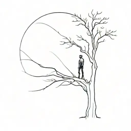 dead tree and man figure standing, palm towards the tree  tattoo design idea