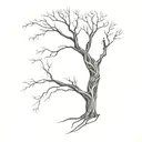 dead tree and man figure standing, palm towards the tree  tattoo design idea