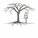dead tree and man figure standing, palm towards the tree  tattoo design idea