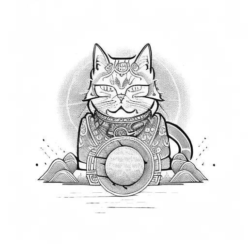 samurai cat red sun  tattoo design idea