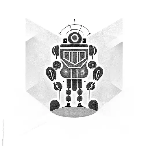 An intricate design of a futuristic robot surrounded by technology symbols tattoo design idea