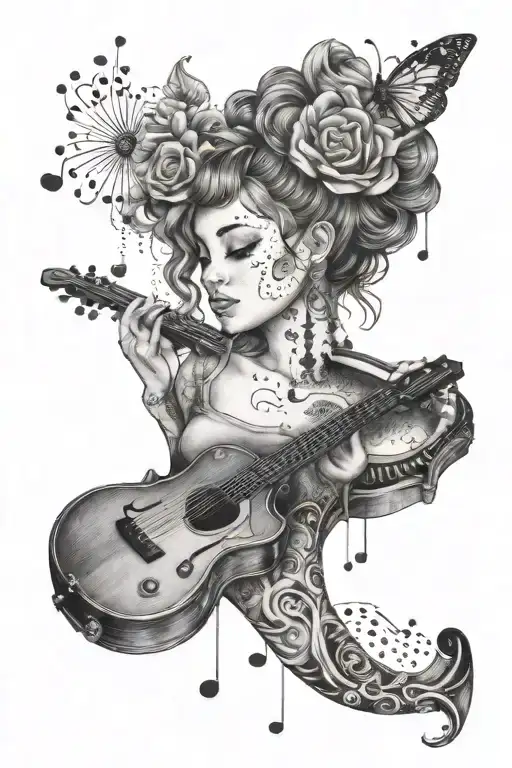 A dreamy tattoo design featuring a music-themed collage of Ariana Grande, Ed Sheeran, Selena Gomez, and Taylor Swift lyrics and symbols in a dotwork style tattoo design idea