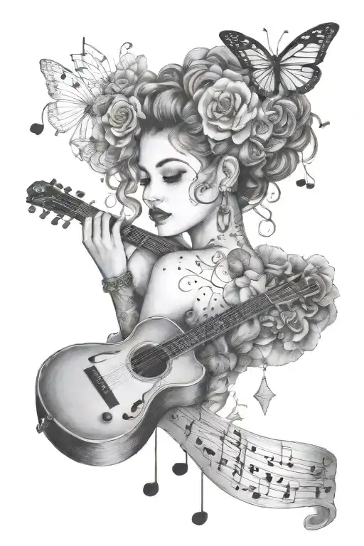 A dreamy tattoo design featuring a music-themed collage of Ariana Grande, Ed Sheeran, Selena Gomez, and Taylor Swift lyrics and symbols in a dotwork style tattoo design idea
