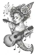 A dreamy tattoo design featuring a music-themed collage of Ariana Grande, Ed Sheeran, Selena Gomez, and Taylor Swift lyrics and symbols in a dotwork style tattoo design idea