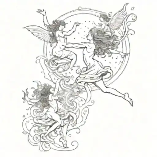 fairys dancing on a crowd below the sun with lost of swirls tattoo design idea