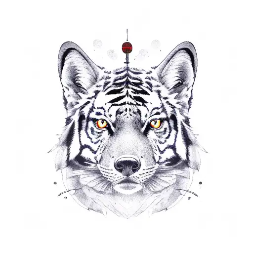 black crow with red eyes, a red gold tiger, and a purple fox around a computer tattoo design idea