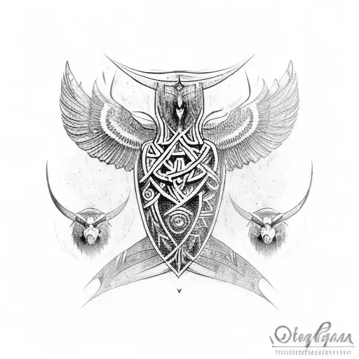 Hugin And Munin upper back symetrical norse style tattoo design idea