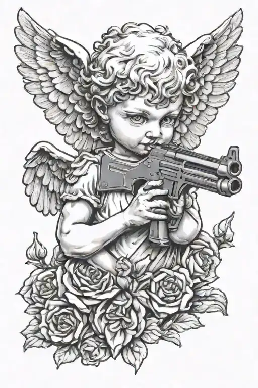 cherub angel with gun made man statue head bust cracked tattoo design idea