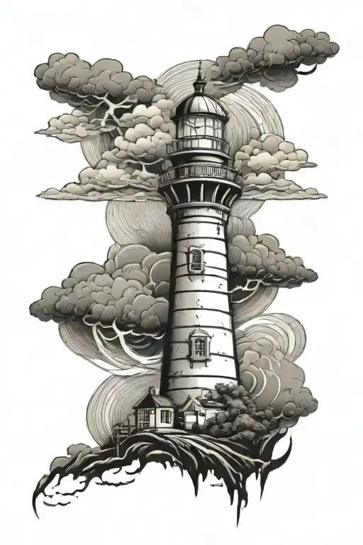 destroyed lighthouse in a storm clouds tattoo design idea