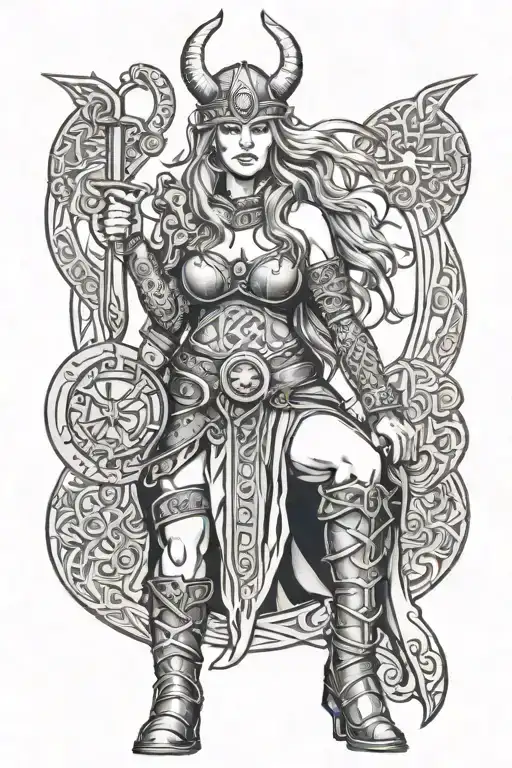 sexy Viking woman full body with Viking symbol  tattoo design idea