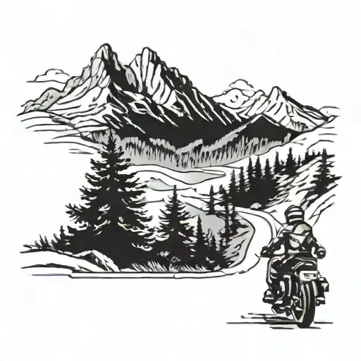 Austria mountains road with motorcycle rider rides straight to the top  and I see the rider from the back tattoo design idea