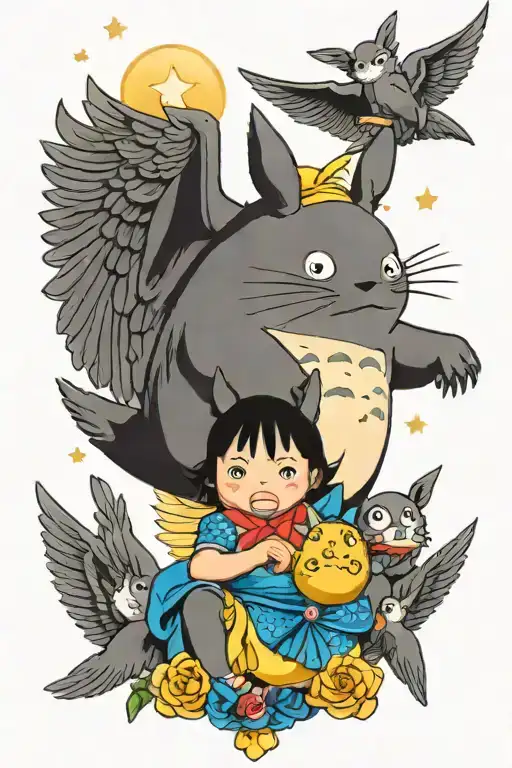 totoro, luna of sailor moon, angel wings tattoo design idea