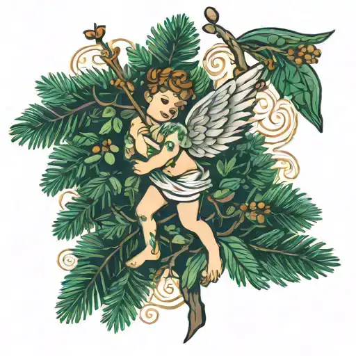 cupid with evergreen tree tattoo design idea