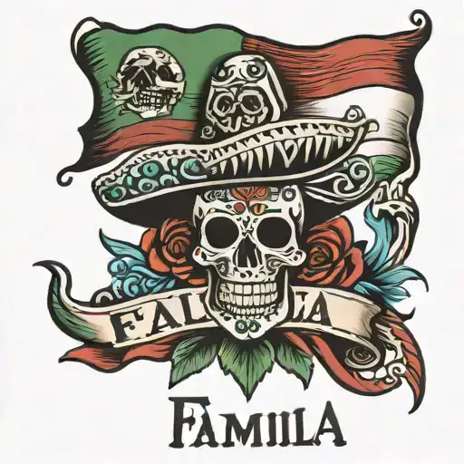 Mexican flag and  saying familia tattoo design idea