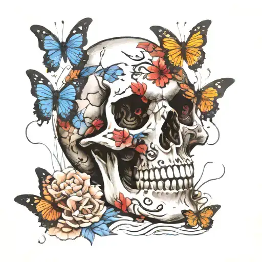 Skull with butterflies fluttering tattoo design idea