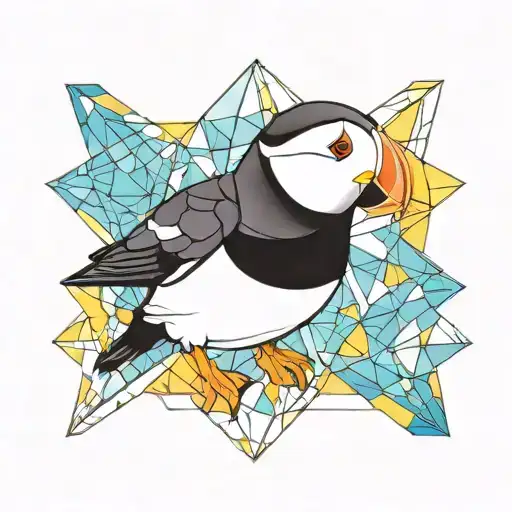 adorable puffin with a light blue, yellow, and purple stained glass background tattoo design idea