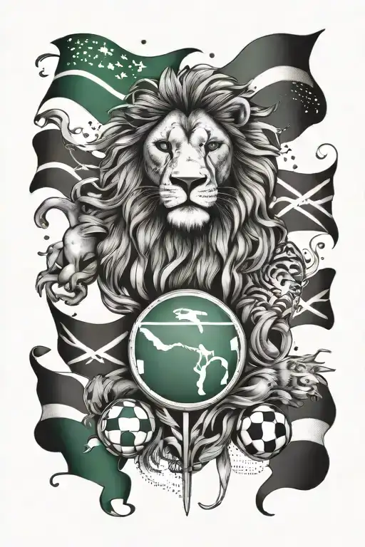 Zambia flag intertwined with football elements and African wildlife like lions and elephants tattoo design idea