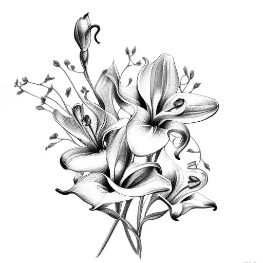 bouquet of tiger lilies, forget me nots, calla lillies, and prairie roses with lightening bug tattoo design idea