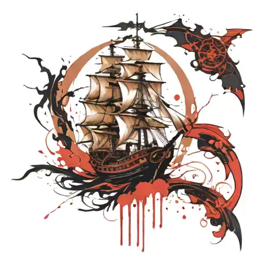 pirate ship and Saint Benedict medal tattoo design idea