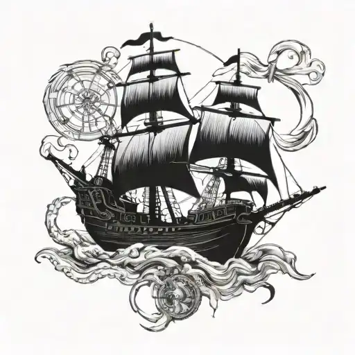 pirate boat and saint benedict medal tattoo design idea