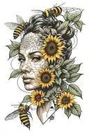 geometric, tree, bee, womans face, sunflower  tattoo design idea