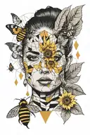 geometric, tree, bee, womans face, sunflower  tattoo design idea