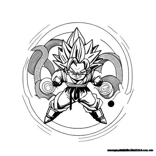 A minimalist design of Goku and Vegeta posing with the dragon balls and Shenron in the backround tattoo design idea