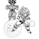A minimalist design of Goku and Vegeta posing with the dragon balls and Shenron in the backround tattoo design idea