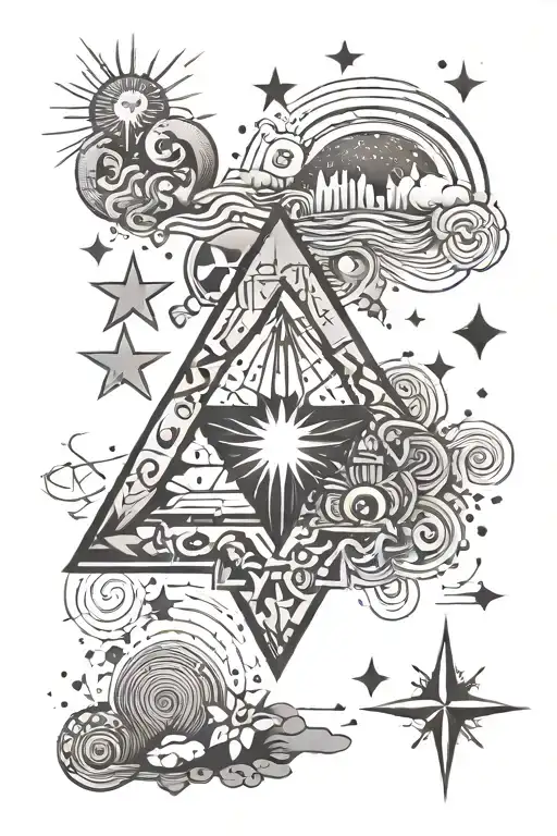 Fineline B/w tattoo with a creative mix of following symbols: star, ancho, rainbow, rock, water, triangle, heart tattoo design idea