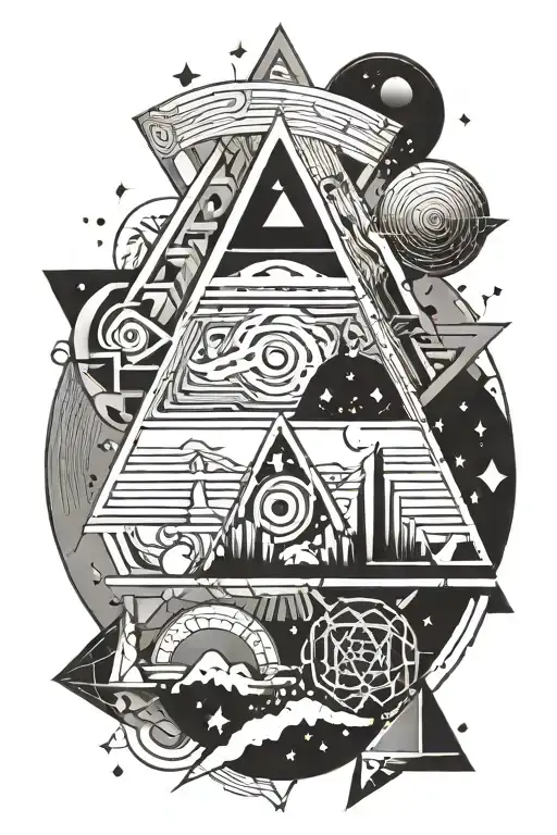 Fineline B/w tattoo with a creative mix of following symbols: star, ancho, rainbow, rock, water, triangle, heart tattoo design idea
