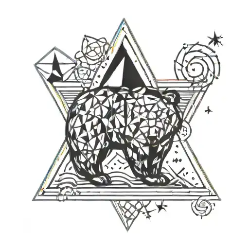 Fineline B/w tattoo with a creative mix of following symbols: star, bear, rainbow, rock, water, triangle, heart, Stand-u tattoo design idea