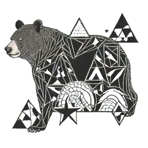 Fineline B/w tattoo with a creative mix of following symbols: star, bear, rainbow, rock, water, triangle, heart, Stand-u tattoo design idea