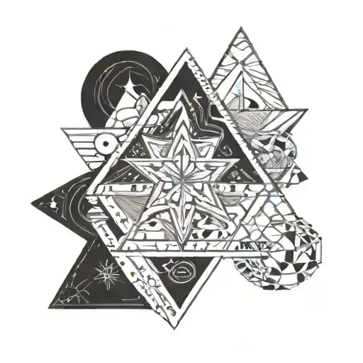 Fineline B/w tattoo with a creative mix of following symbols: star, ancho, rainbow, rock, water, triangle, heart tattoo design idea