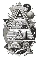 Fineline B/w tattoo with a creative mix of following symbols: star, ancho, rainbow, rock, water, triangle, heart tattoo design idea