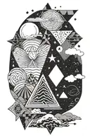 Fineline B/w tattoo with a creative mix of following symbols: star, ancho, rainbow, rock, water, triangle, heart tattoo design idea
