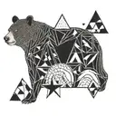 Fineline B/w tattoo with a creative mix of following symbols: star, bear, rainbow, rock, water, triangle, heart, Stand-u tattoo design idea
