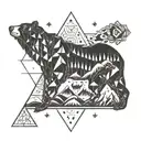 Fineline B/w tattoo with a creative mix of following symbols: star, bear, rainbow, rock, water, triangle, heart, Stand-u tattoo design idea
