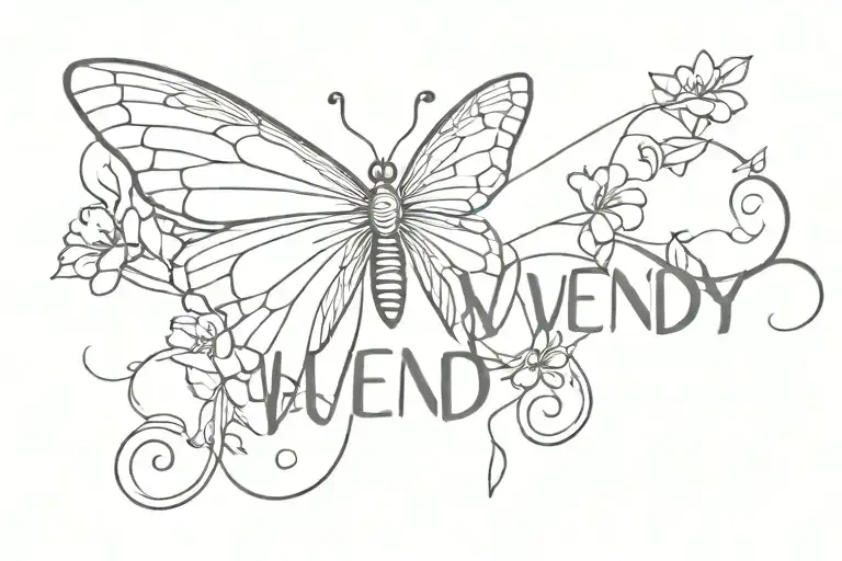 the name wendy with a small butterfly resting tattoo design idea