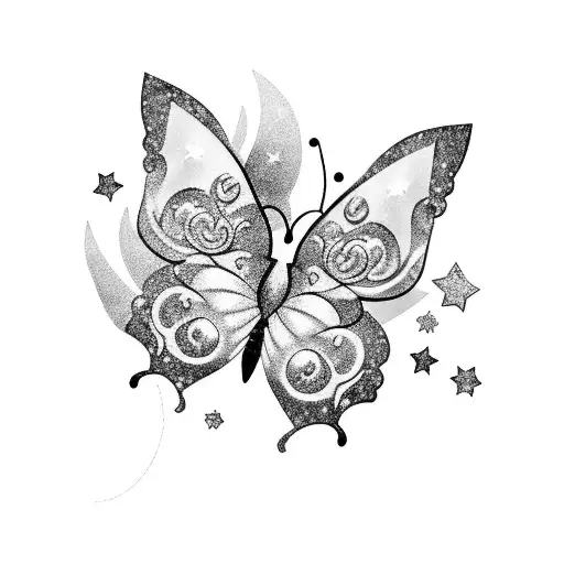 3 butterflies with glitter and little stars for tattoo design idea